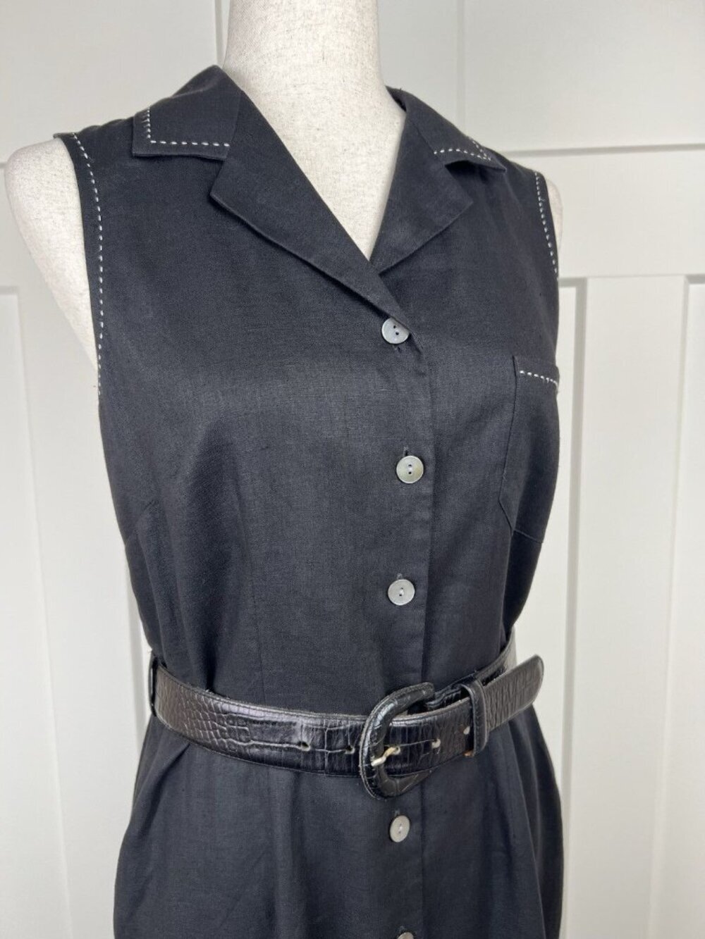 Vintage Harold’s Linen Shirt Dress Black Ivory Stitch Belted Midi Size 6 Sleek - Picture 14 of 16